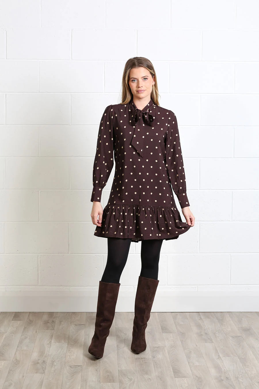 Rant & Rave Annabelle brown polka dot dress, front model view