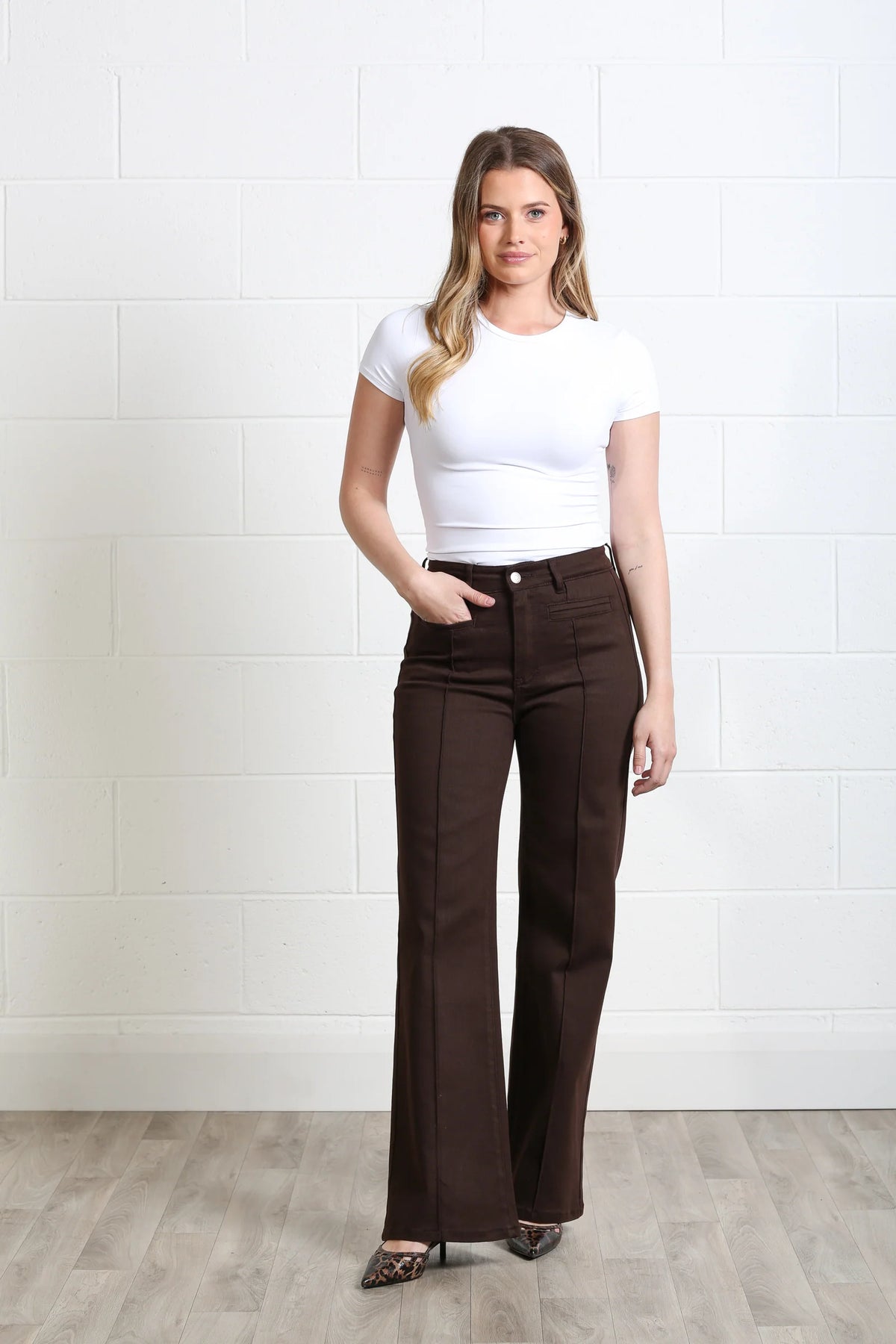 Rant & Rave Harriet Pintuck Wide Leg Jean in chocolate, front view worn by model with hand in pocket