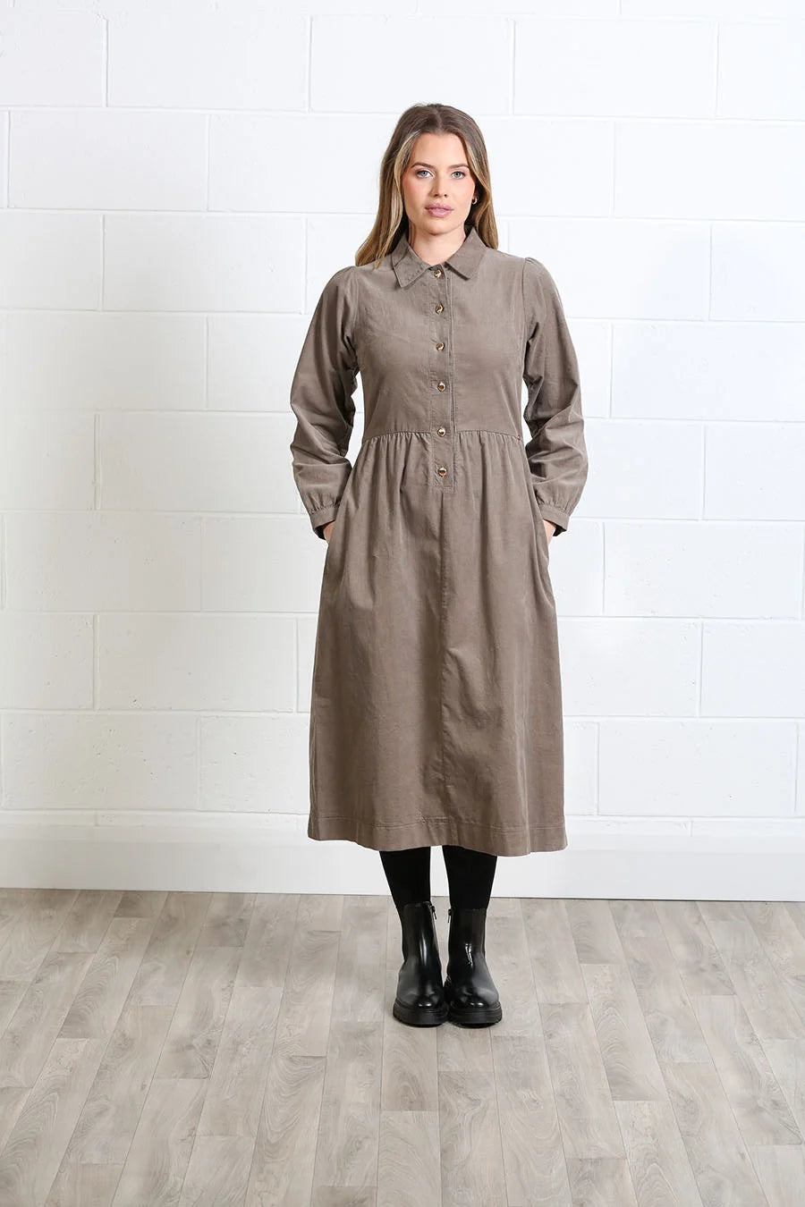 Rant & Rave Hazel Shirt Dress Biscuit in biscuit corduroy, front view worn by model with hands in pockets.