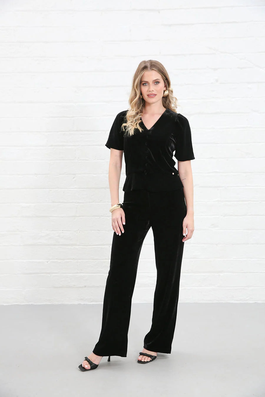 Rant & Rave Matilda Velvet Top Black worn by model, front view
