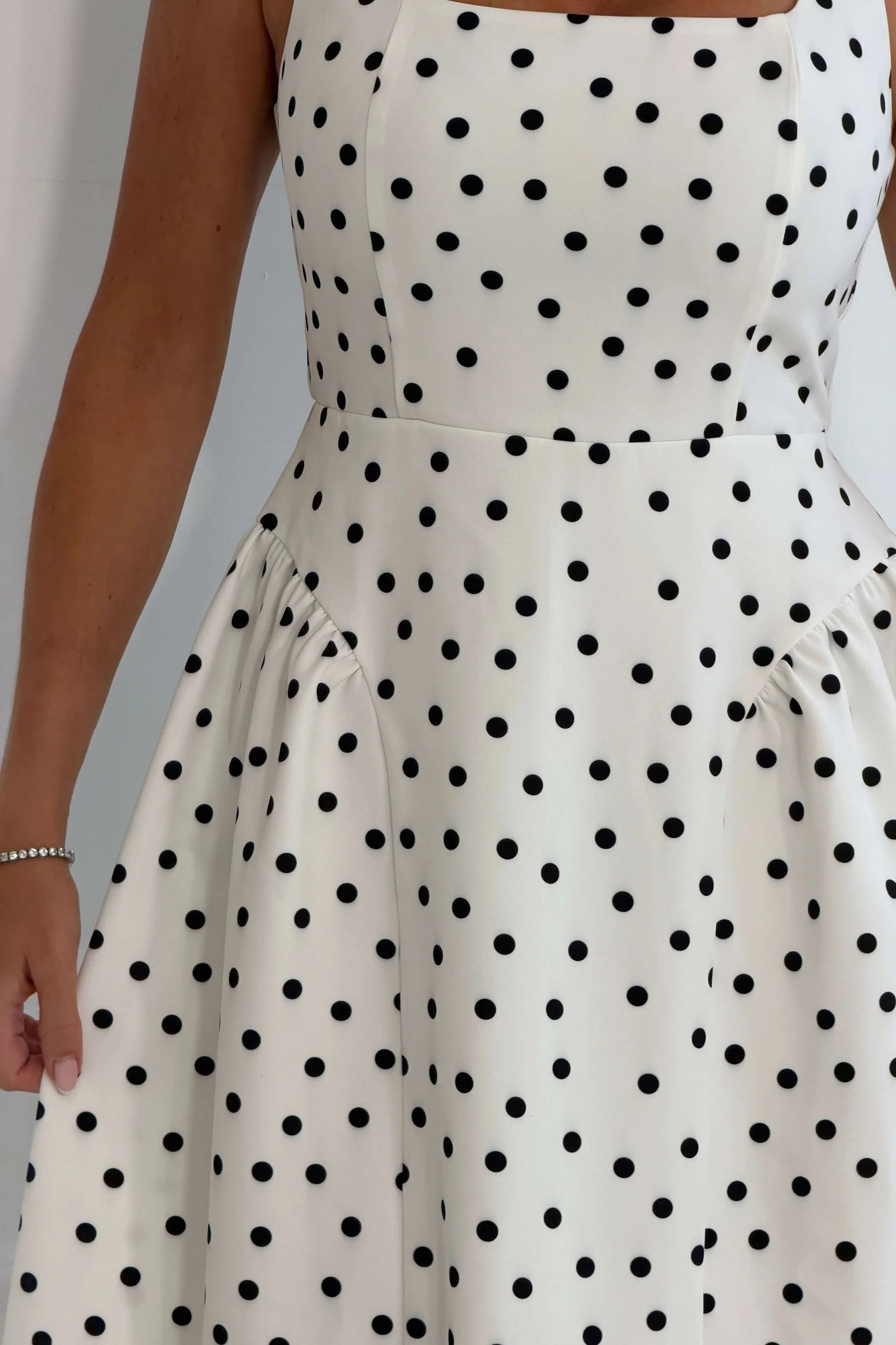 Girl In Mind Sharne polka square neck midi dress in polka, bodice and skirt detail