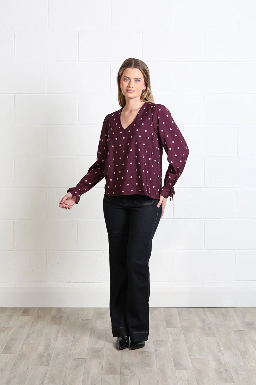 Rant & Rave Sophia top in burgundy dot, full - length front model view