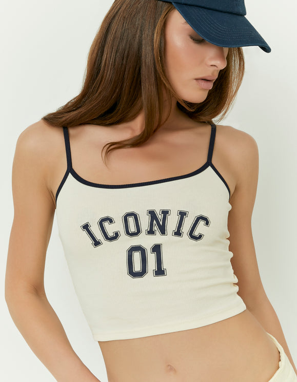 Tally Weijl yellow printed tank top worn by model, front close view with Iconic 01 graphic