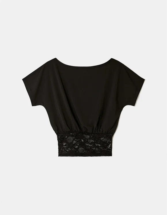 Tally Weijl black asymmetric lace top, front view with lace waistband