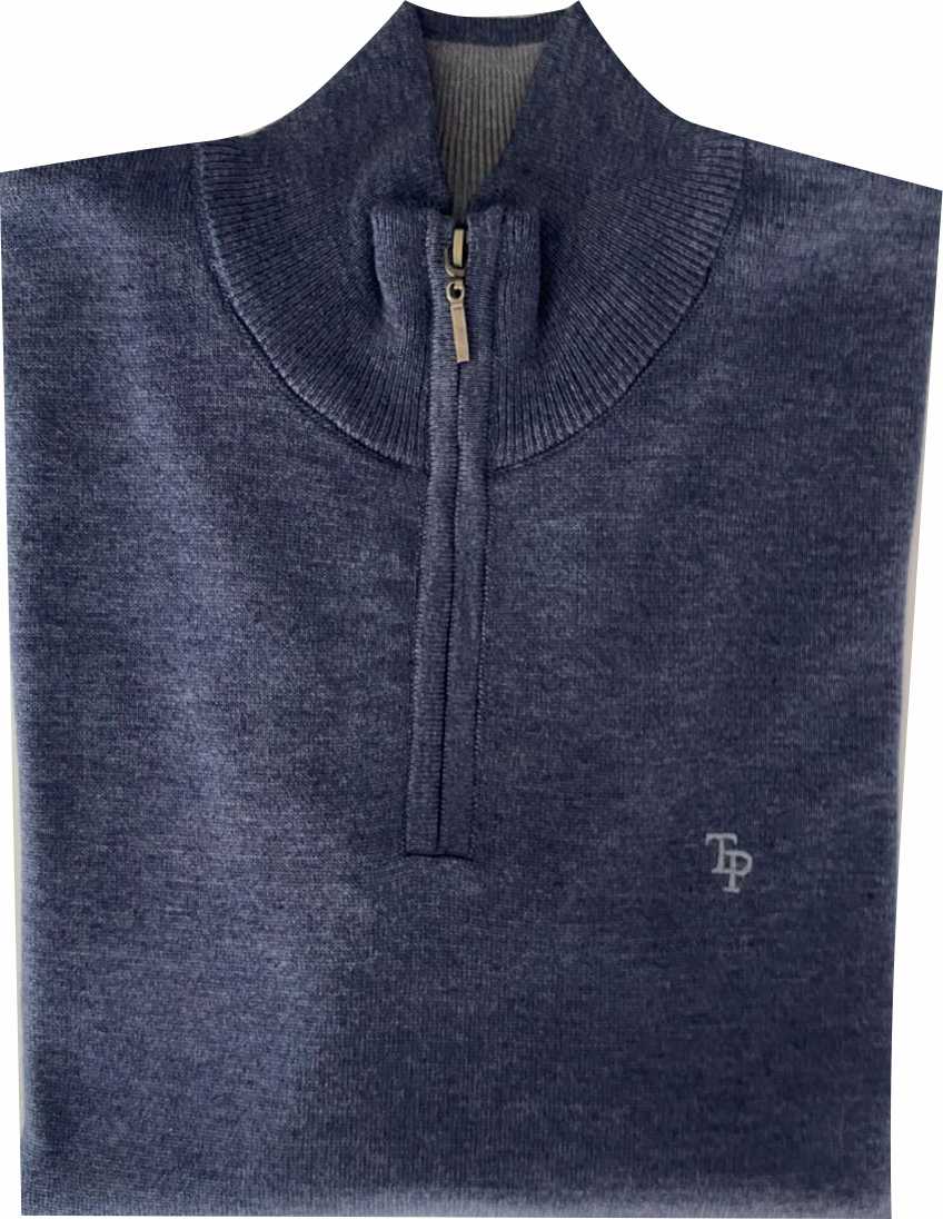 Tom Penn Indigo 1/4 Zip Knit laid flat showing the stand collar, quarter zip and chest logo