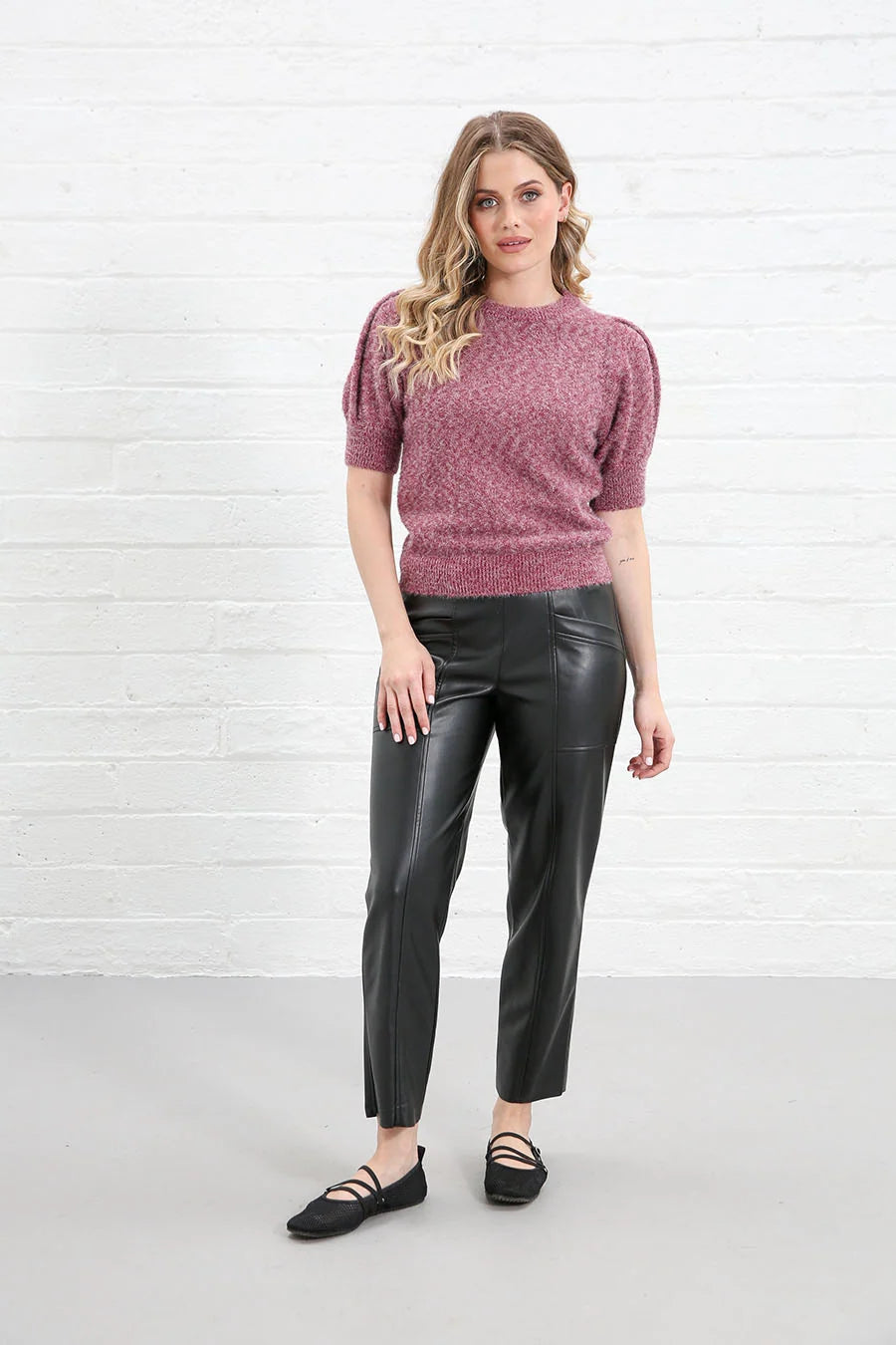 Rant & Rave Victoria Knit Top Pink worn by model, front view with short puff sleeves and ribbed hem