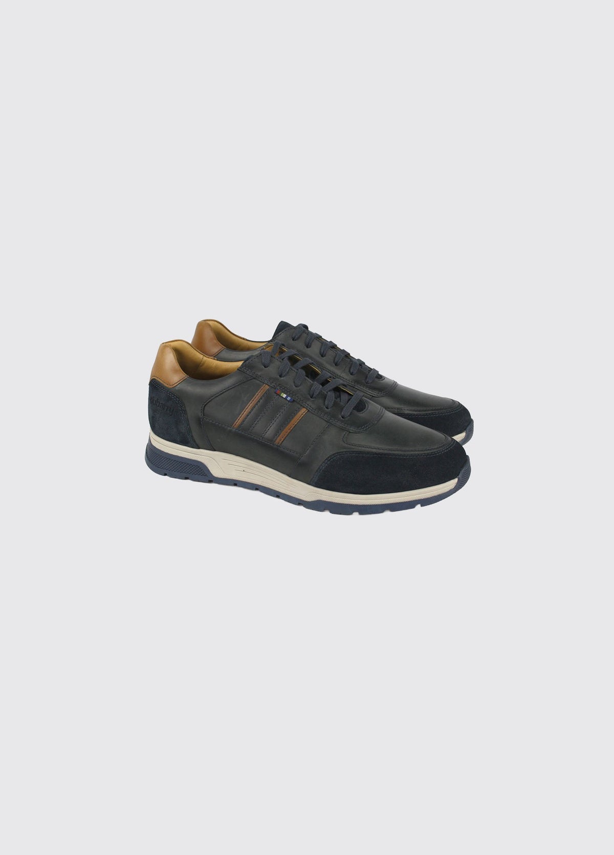 Dubarry Sarris Men's Trainer in navy, angled side view showing navy leather and suede upper with tan heel and side stripe detailing.