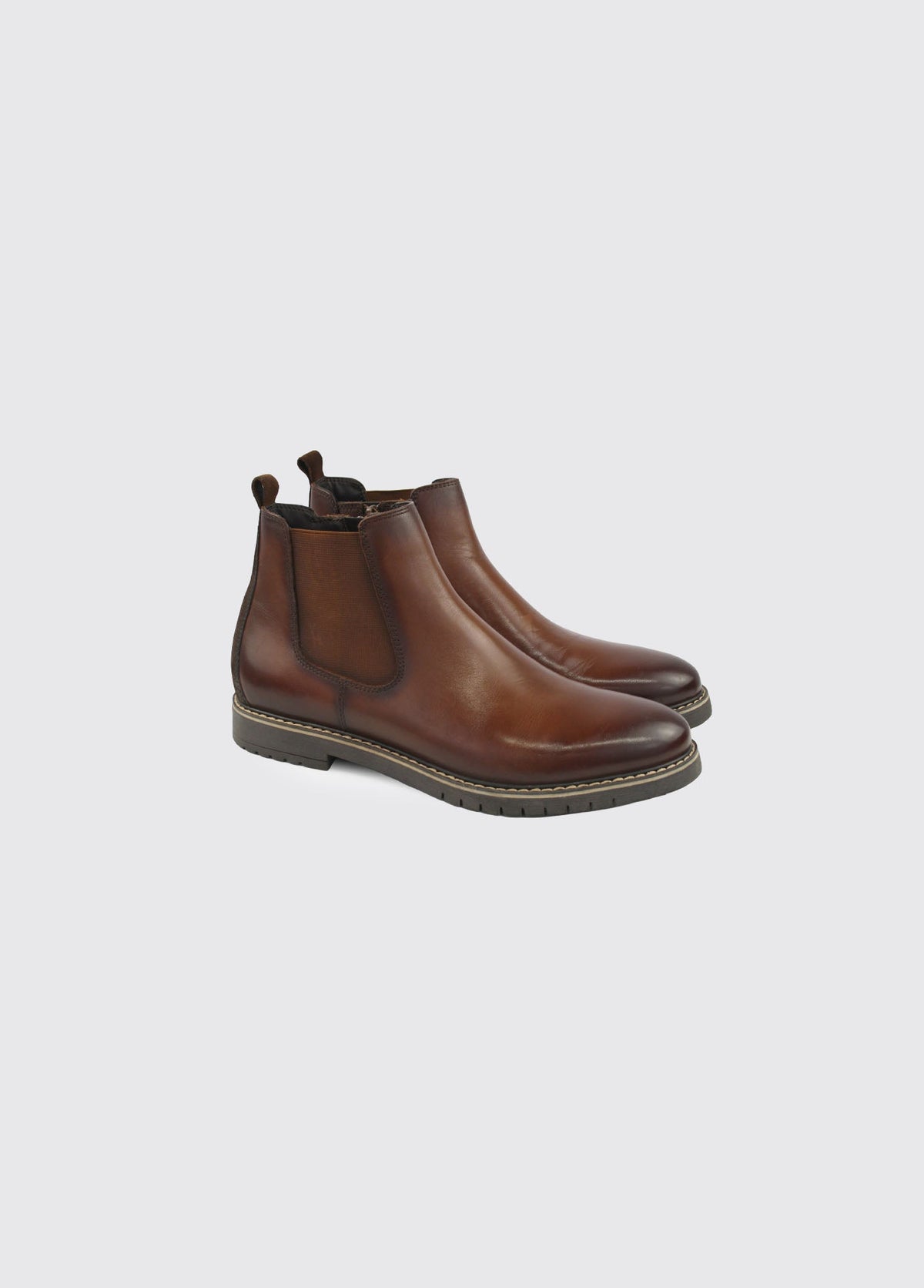 Dubarry Seth men's Chelsea boot in whiskey, angled front view showing leather upper and elastic side panel