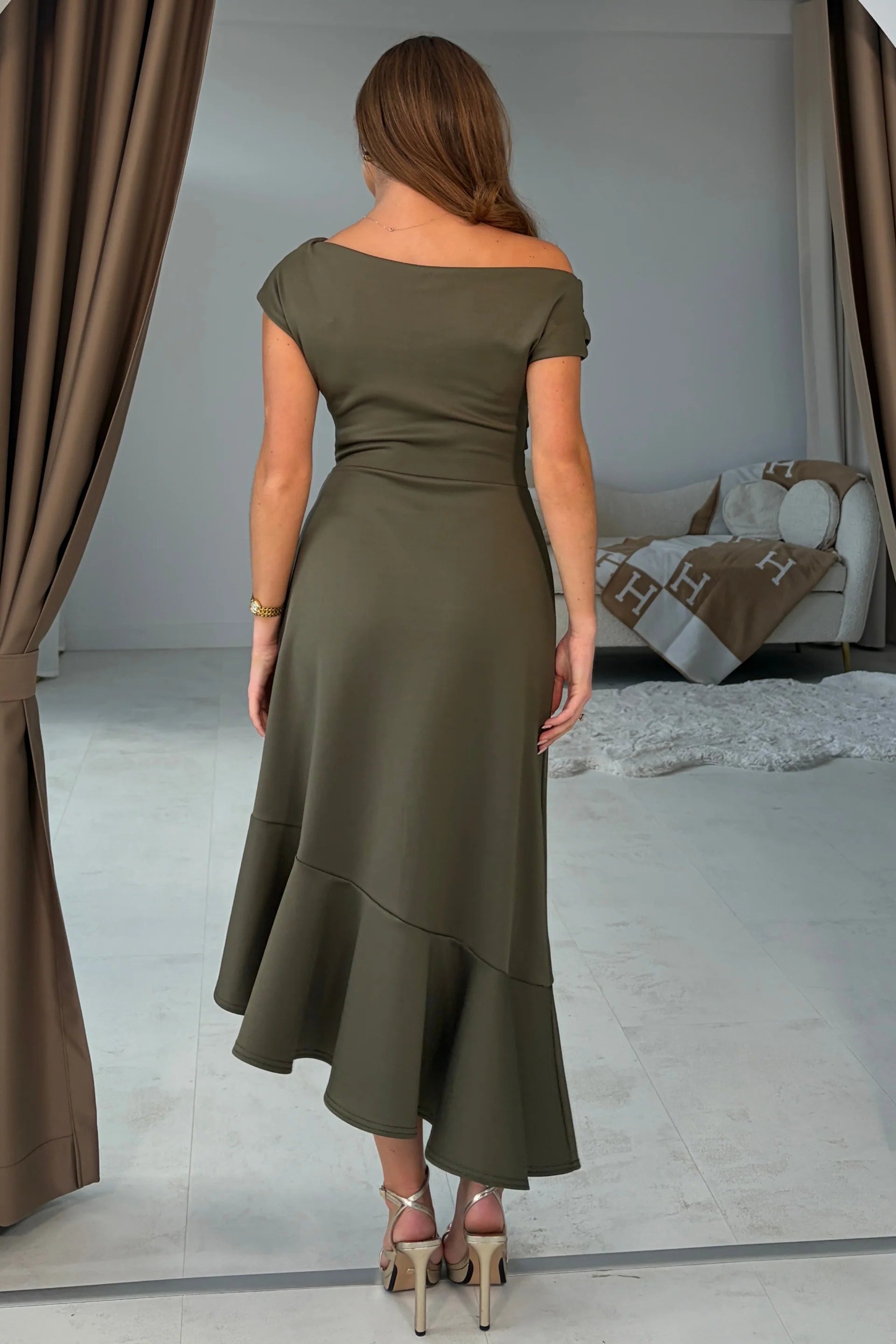 Girl In Mind Felicity asymmetric frill midi dress in khaki, back view worn by model