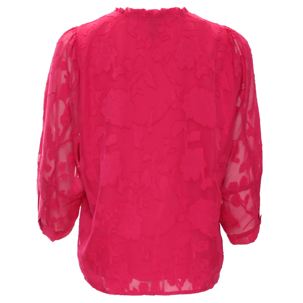 Rant & Rave Primrose top in cerise, back view with sheer floral texture and long sleeves