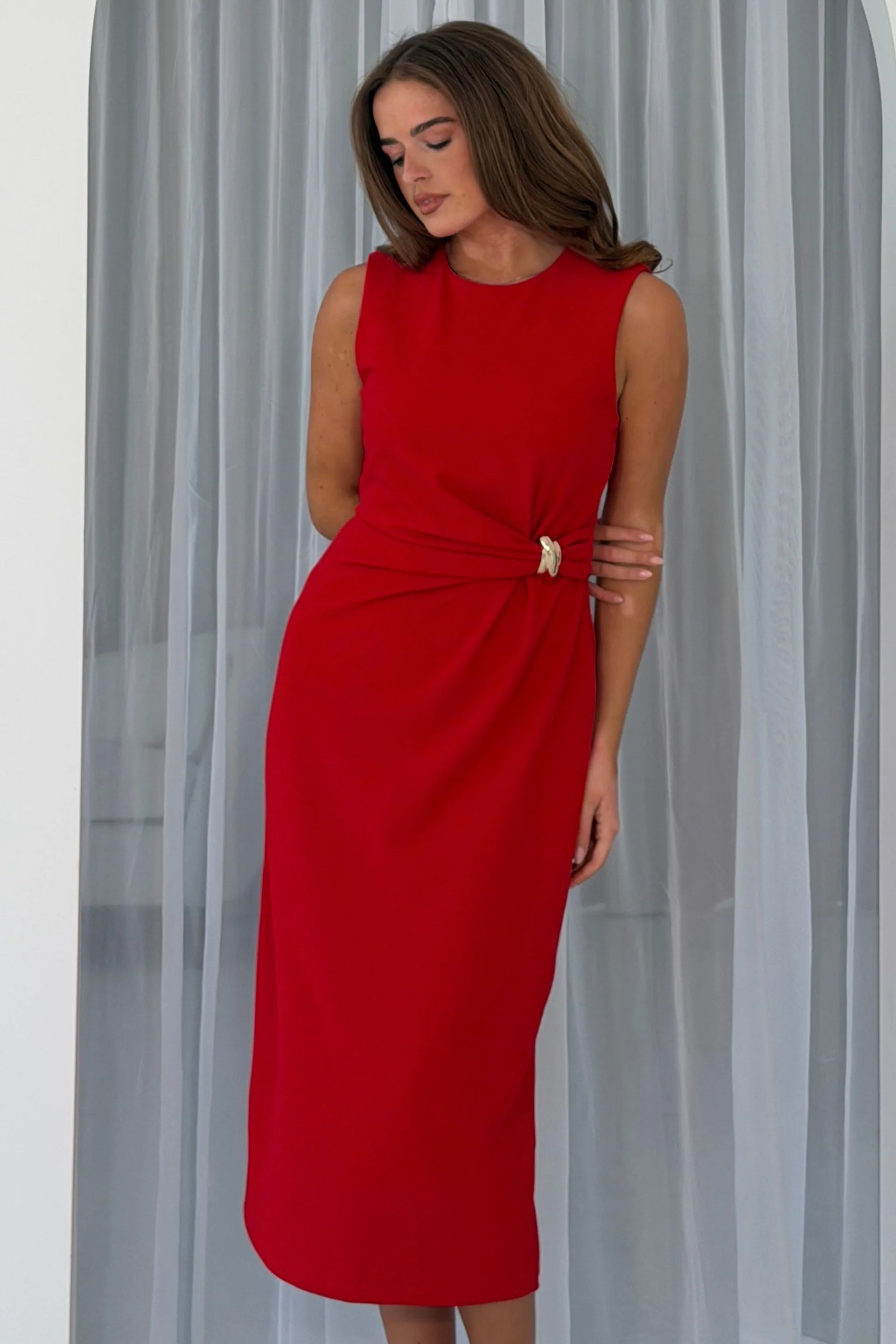 Girl In Mind Louisa red wrap detail midi dress with gold buckle, close model view