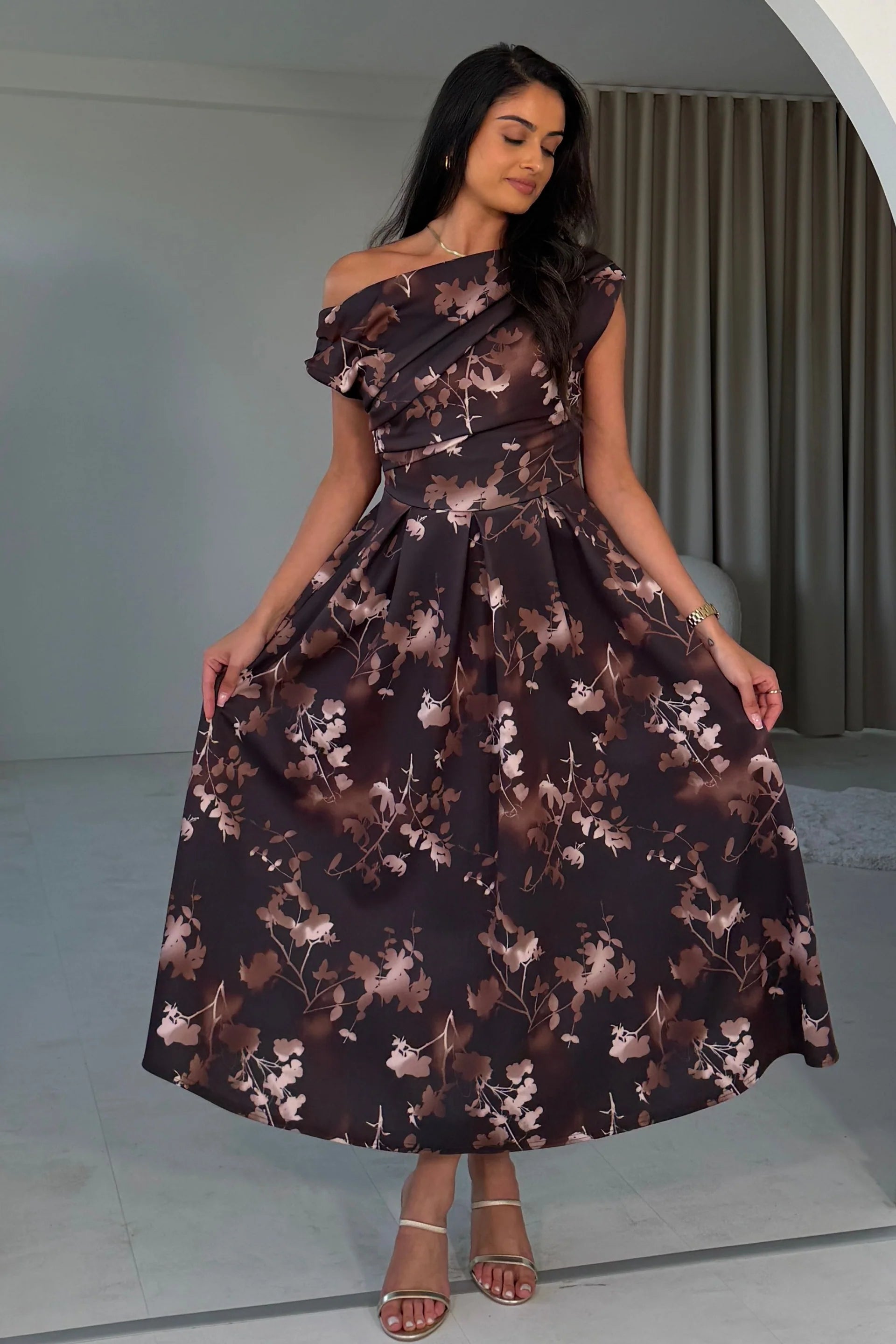 Girl In Mind Betty brown floral asymmetric neckline skater midi dress, front model view with flared skirt