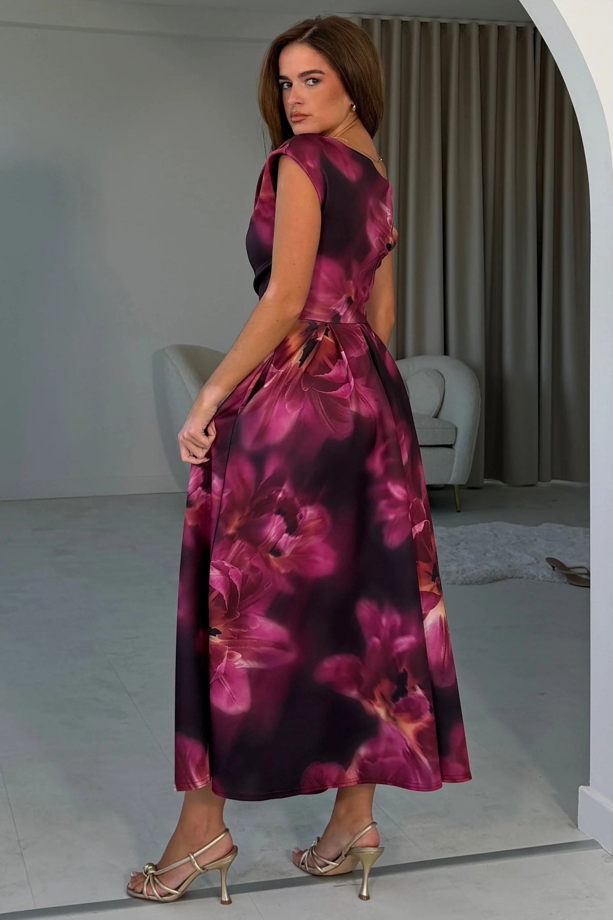 Girl In Mind Betty plum floral skater midi dress, back model view