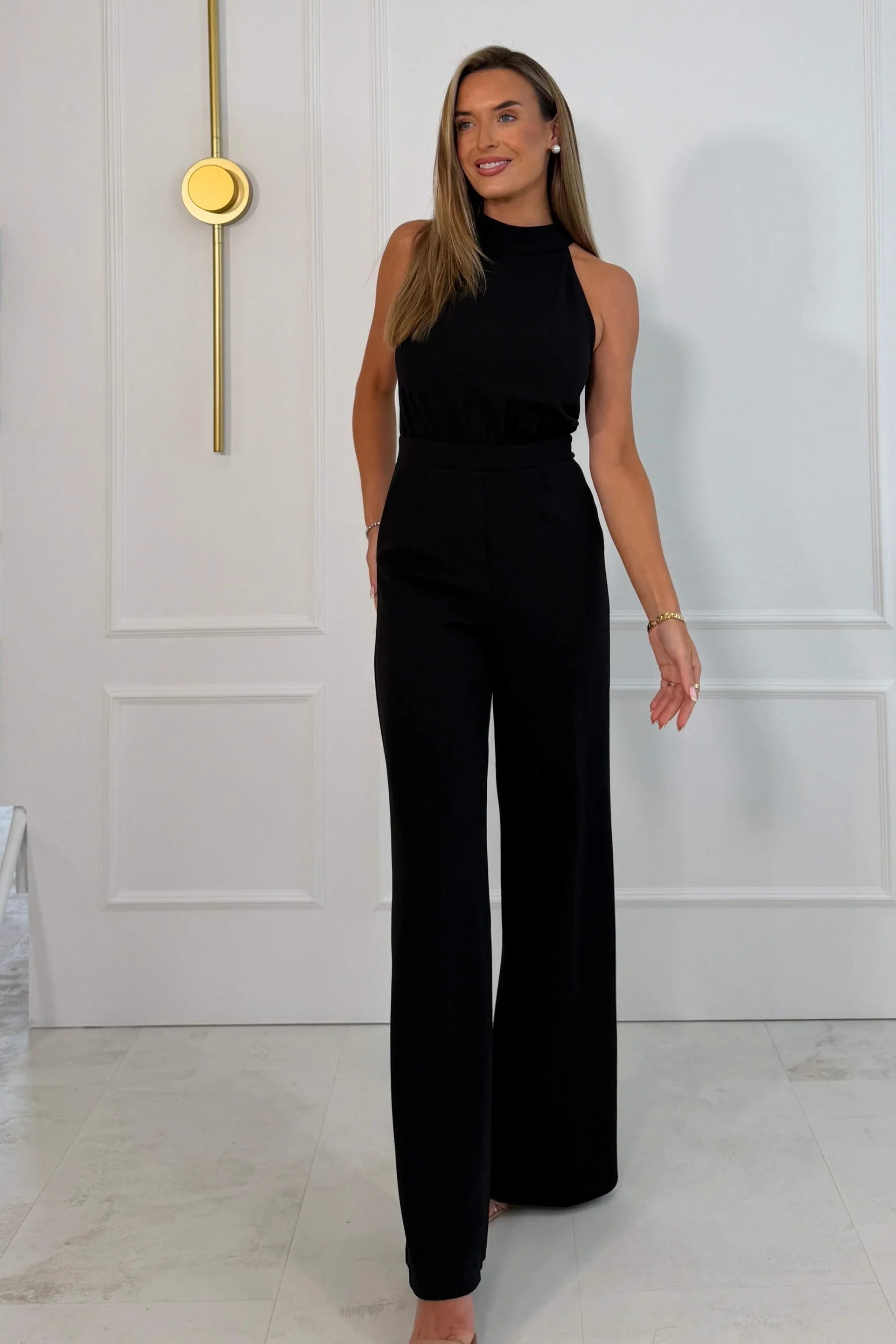 Girl In Mind Fifi halter tie jumpsuit in black, front model view