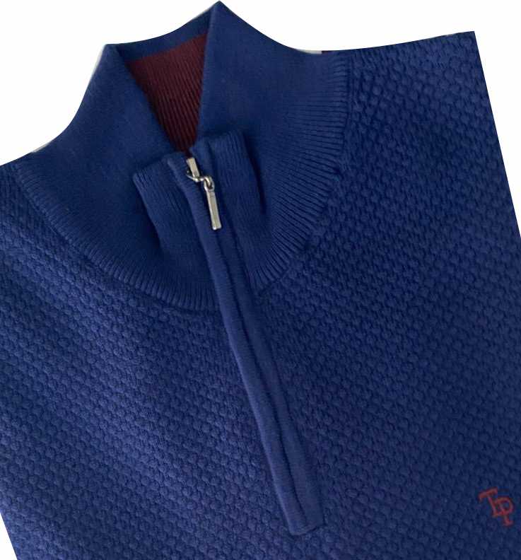 Close-up of the Tom Penn Royal Waffle Knit texture, collar and quarter zip