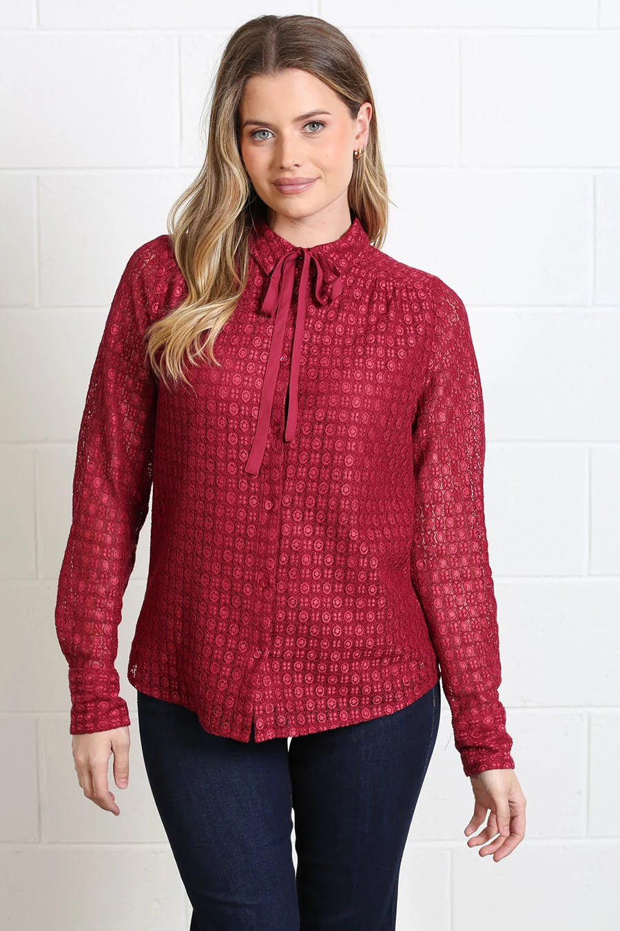 Rant & Rave Vivian Shirt in burgundy, front view showing textured lace fabric and neck tie detail
