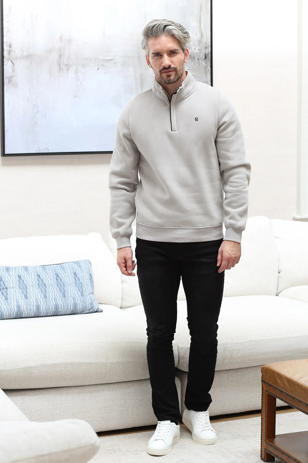 Kenrow Wesley Half Zip Putty front view worn by model