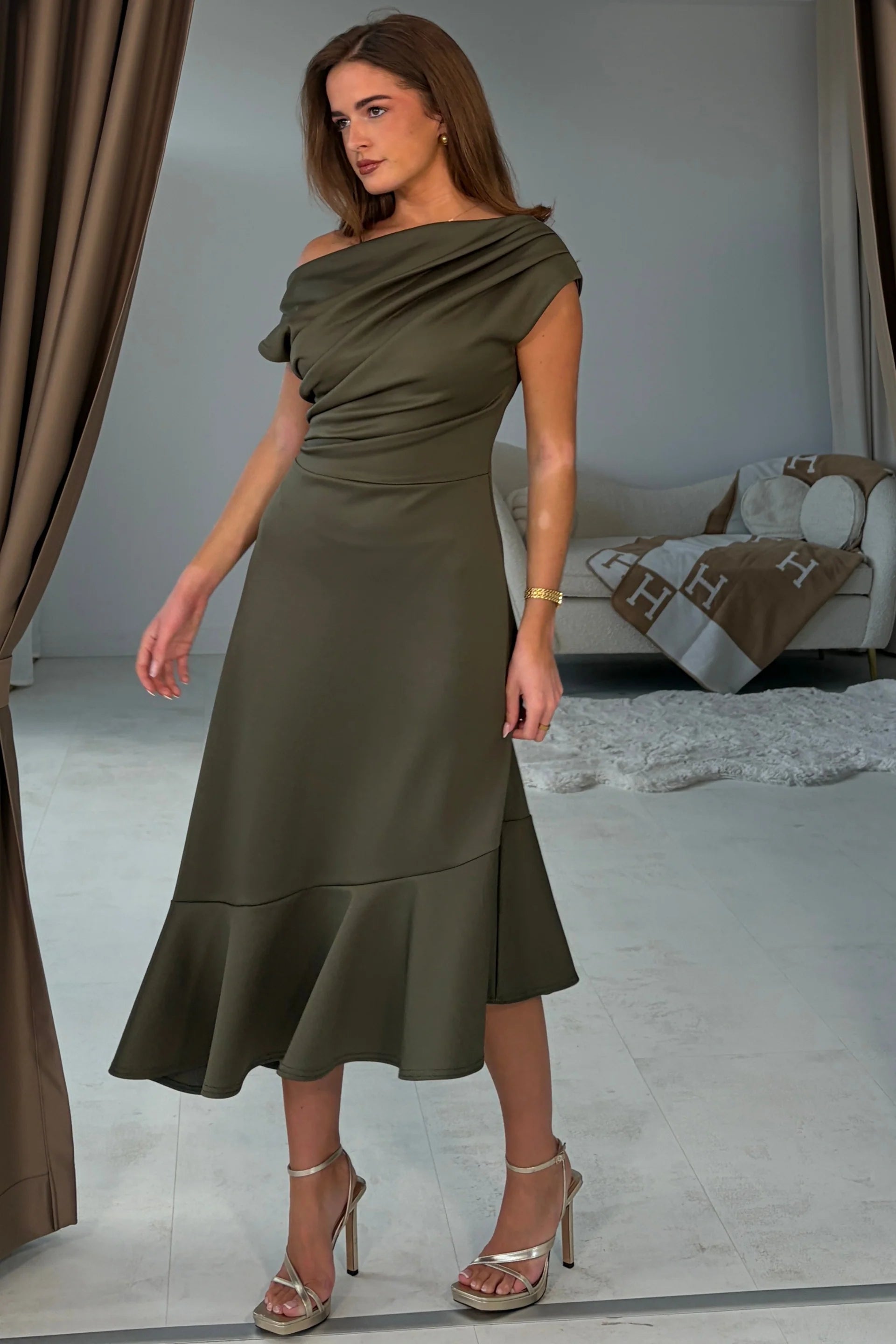 Girl In Mind Felicity asymmetric frill midi dress in khaki, angled model view