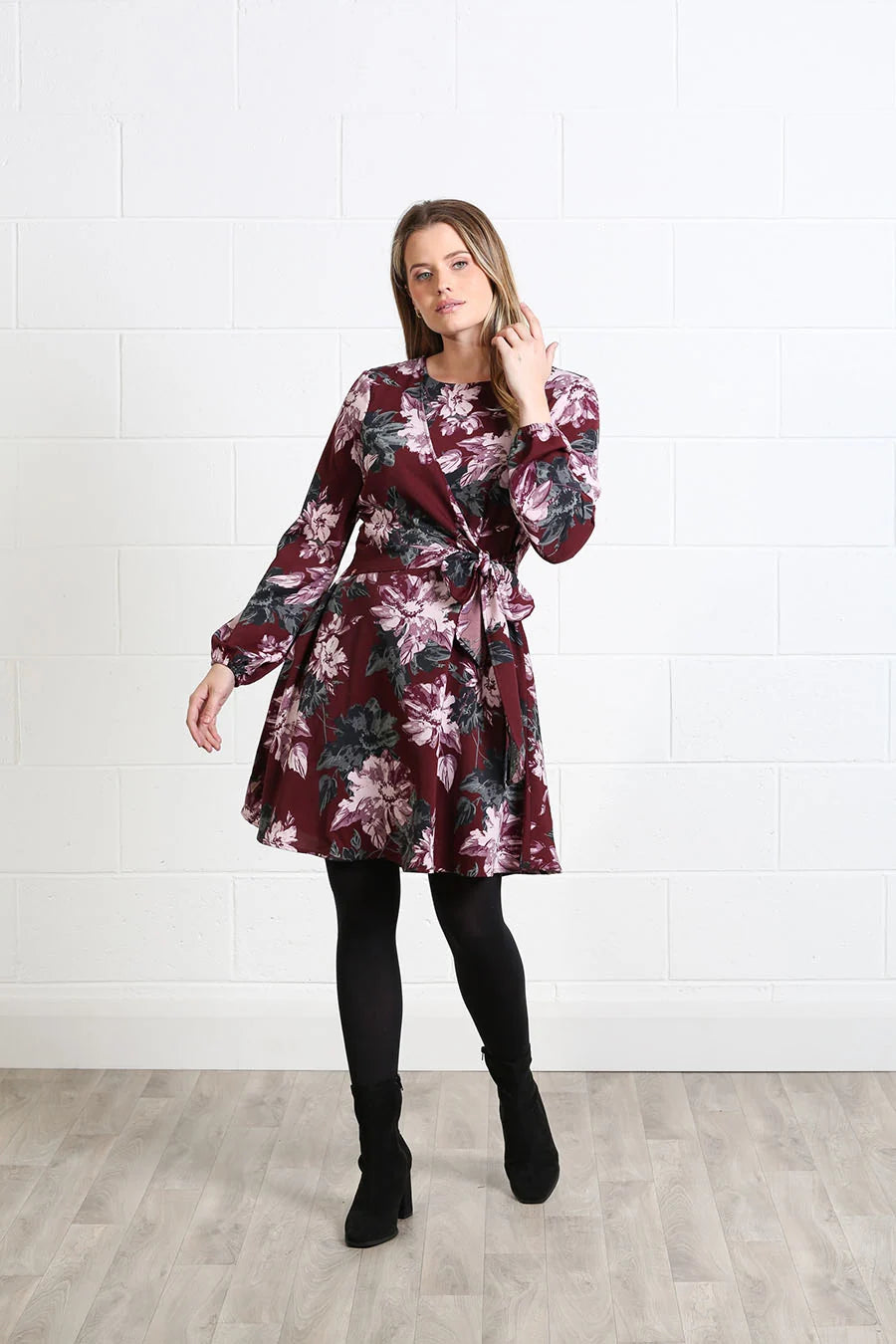 Rant & Rave Grace dress in burgundy floral, full - length front model view.