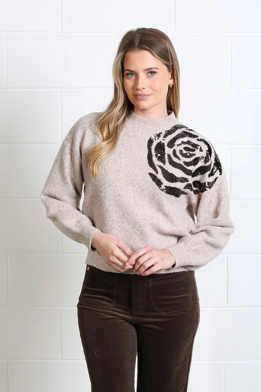 Rant & Rave Sarah Jumper in light brown, front view with black sequin rose detail on the shoulder