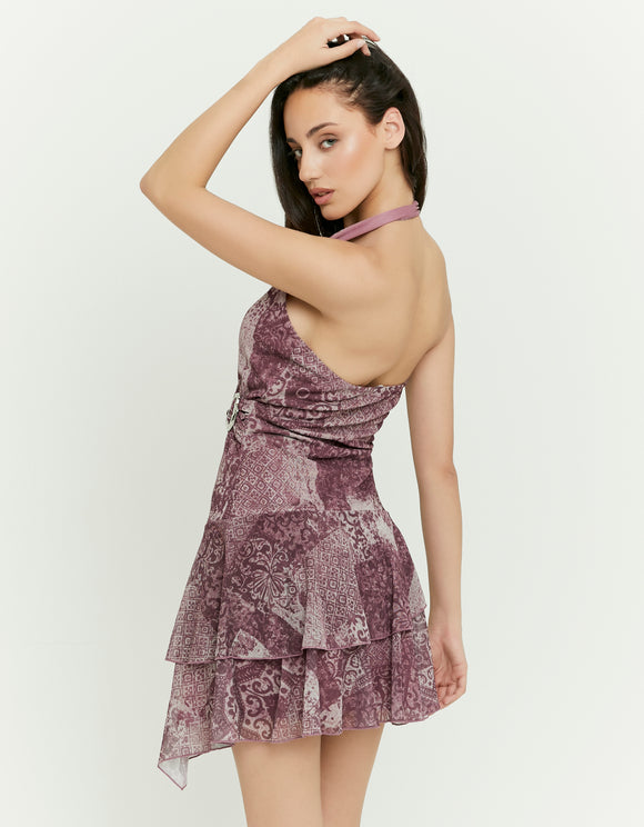 Tally Weijl printed mini dress in multi, back model view with halterneck and layered hem
