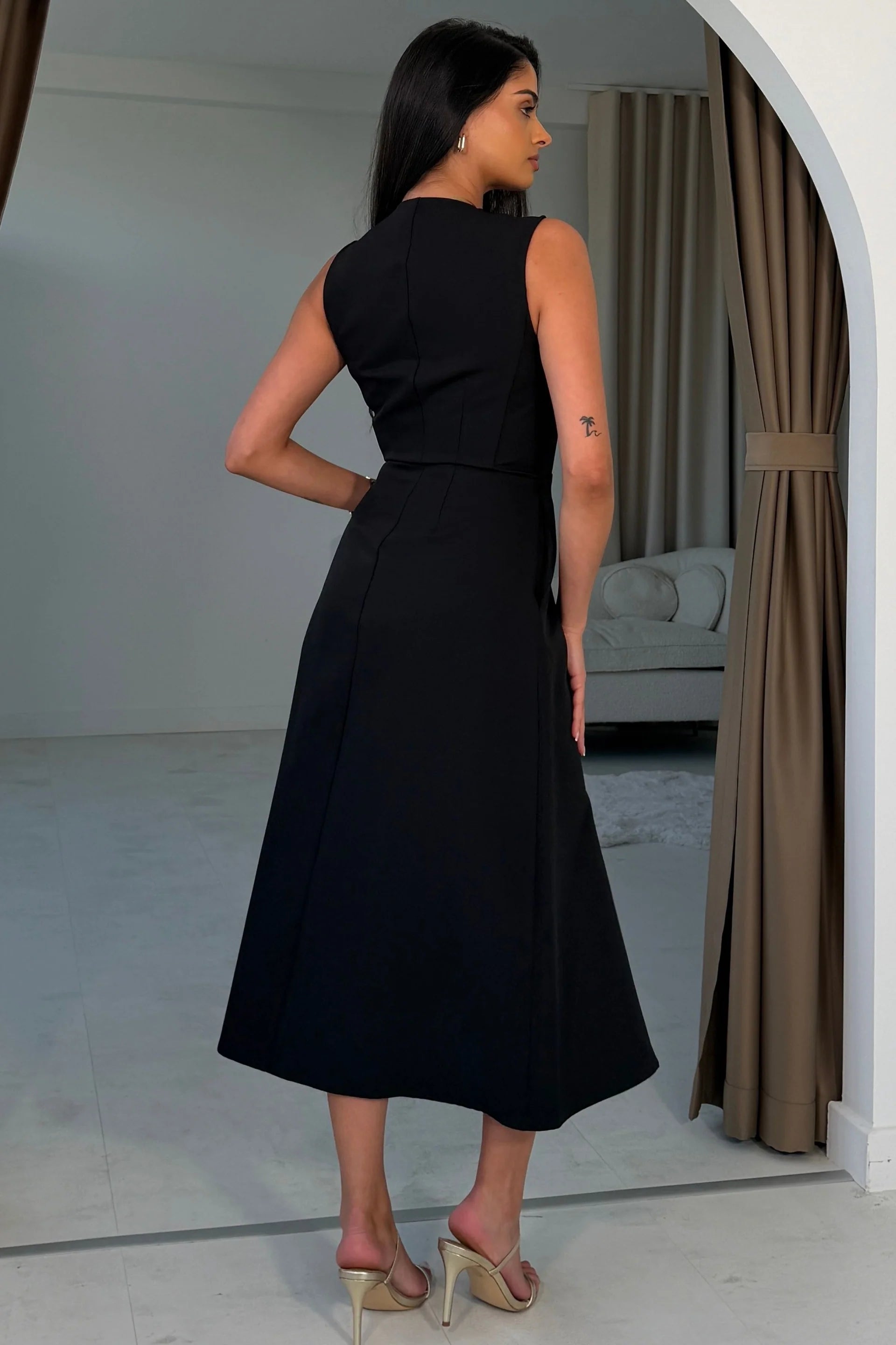 Girl In Mind Hazel tailored sleeveless midi dress in black, back model view