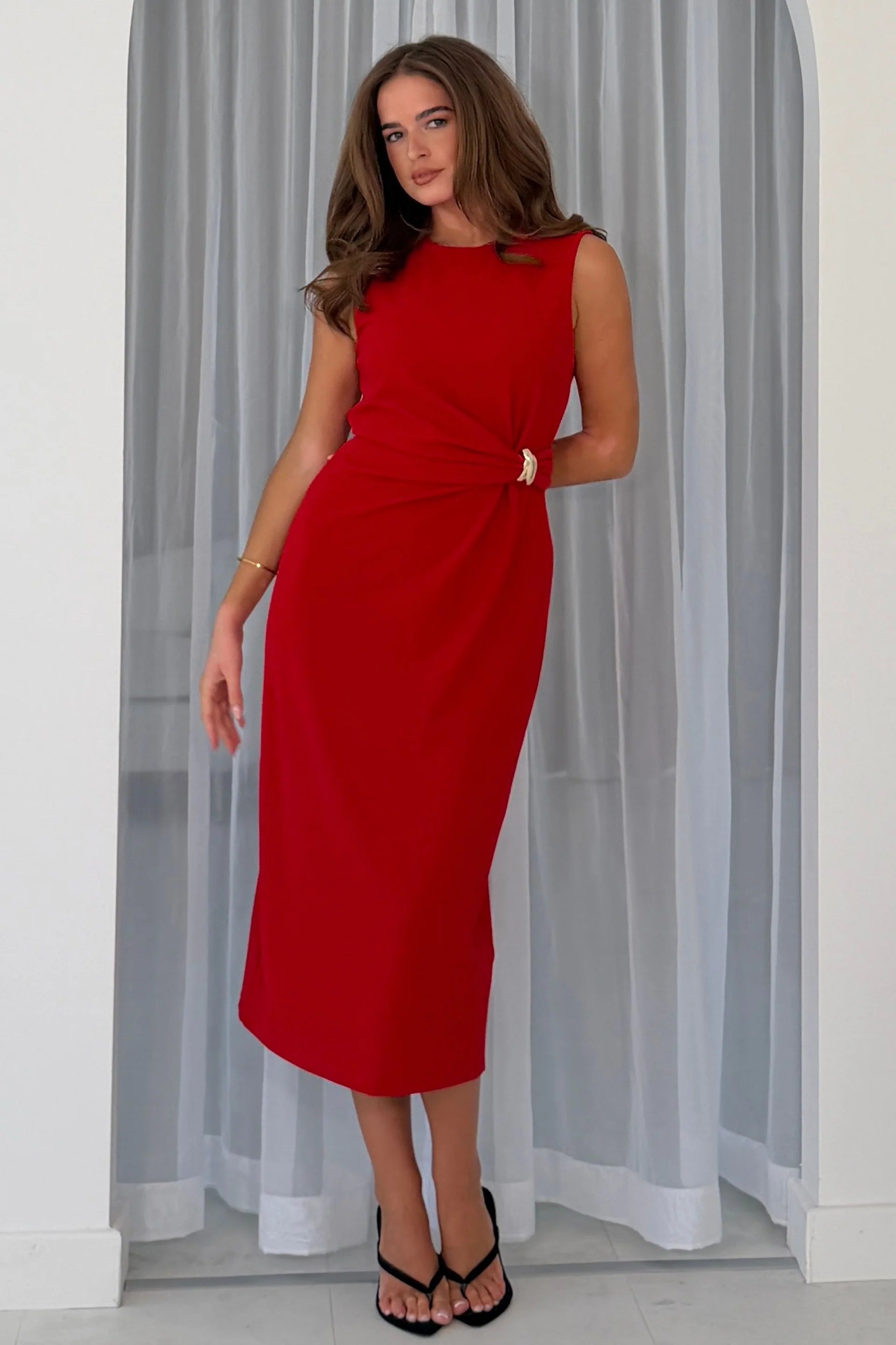 Girl In Mind Louisa red wrap detail midi dress with gold buckle, front model view