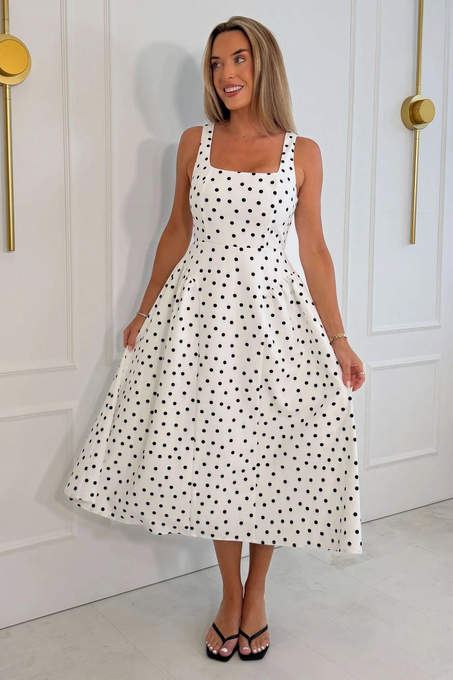 Girl In Mind Sharne polka square neck midi dress in polka, full front model view