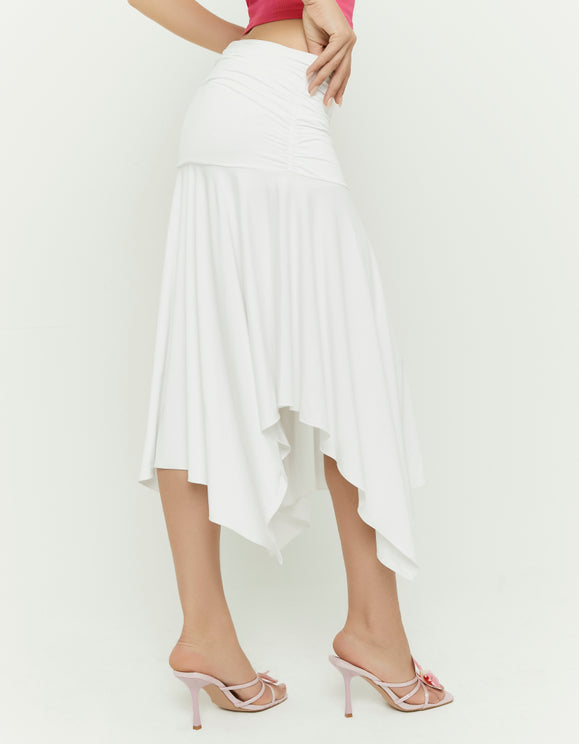 Tally Weijl white ruffle midi skirt worn by model, back angled view
