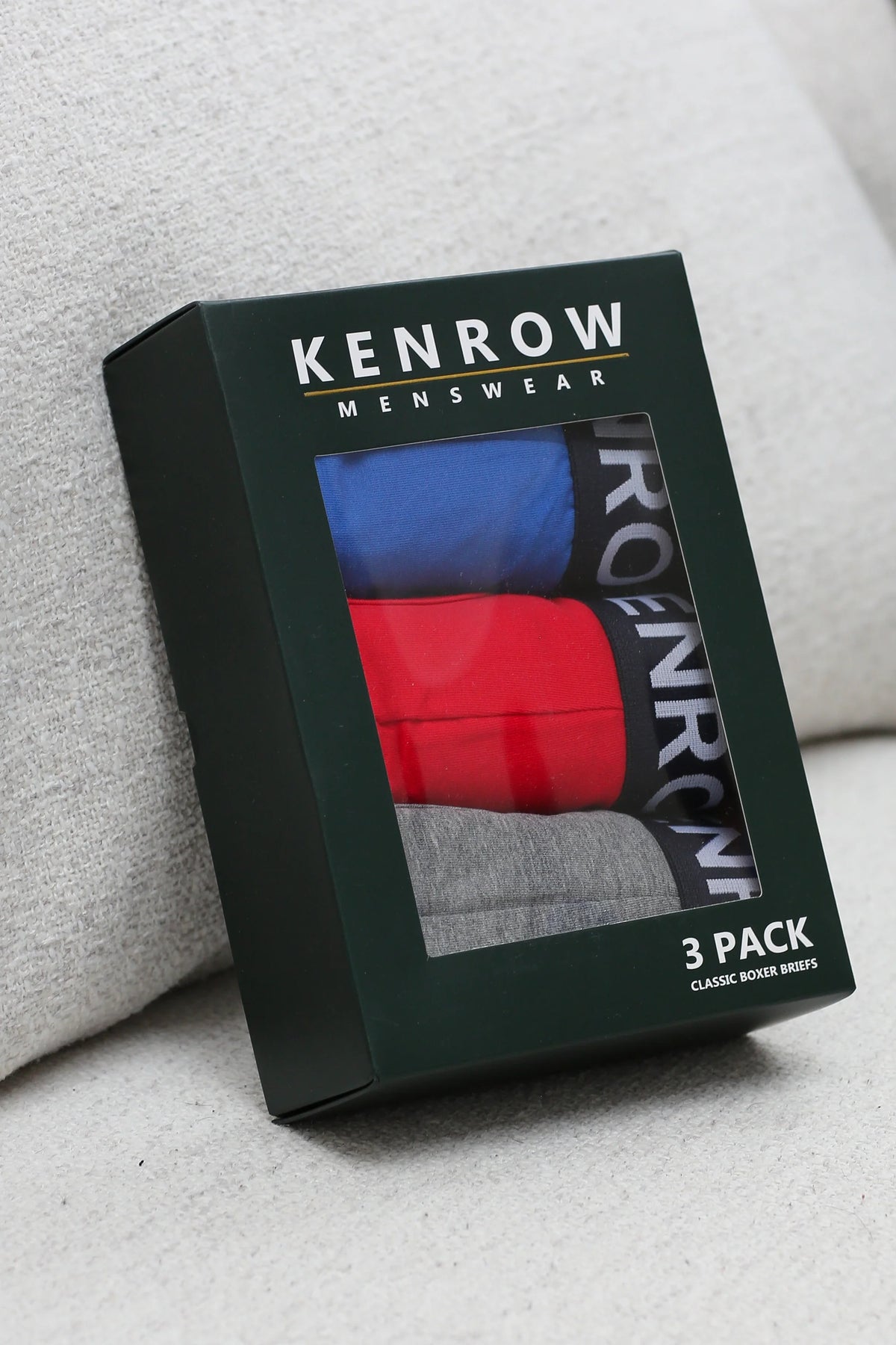 Kenrow Menswear 3 Pack Classic Boxer Briefs including blue, red, and grey pairs in a