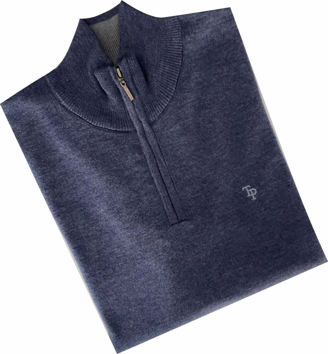 Angled view of the Tom Penn Indigo 1/4 Zip Knit showing the textured knit finish and ribbed collar