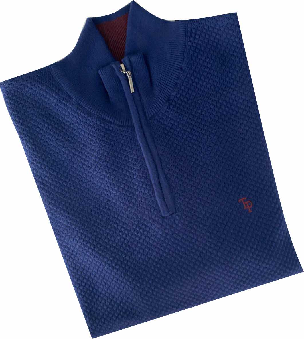 Angled view of the Tom Penn Royal Waffle Knit 1/4 Zip showing the textured front and chest logo