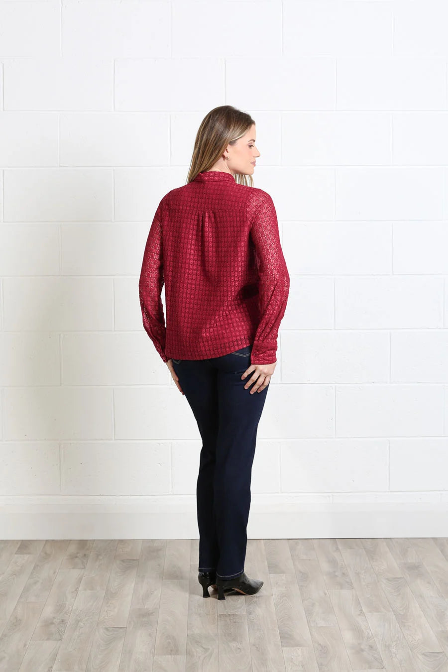 Rant & Rave Vivian Shirt in burgundy, back view highlighting the lace pattern and relaxed fit