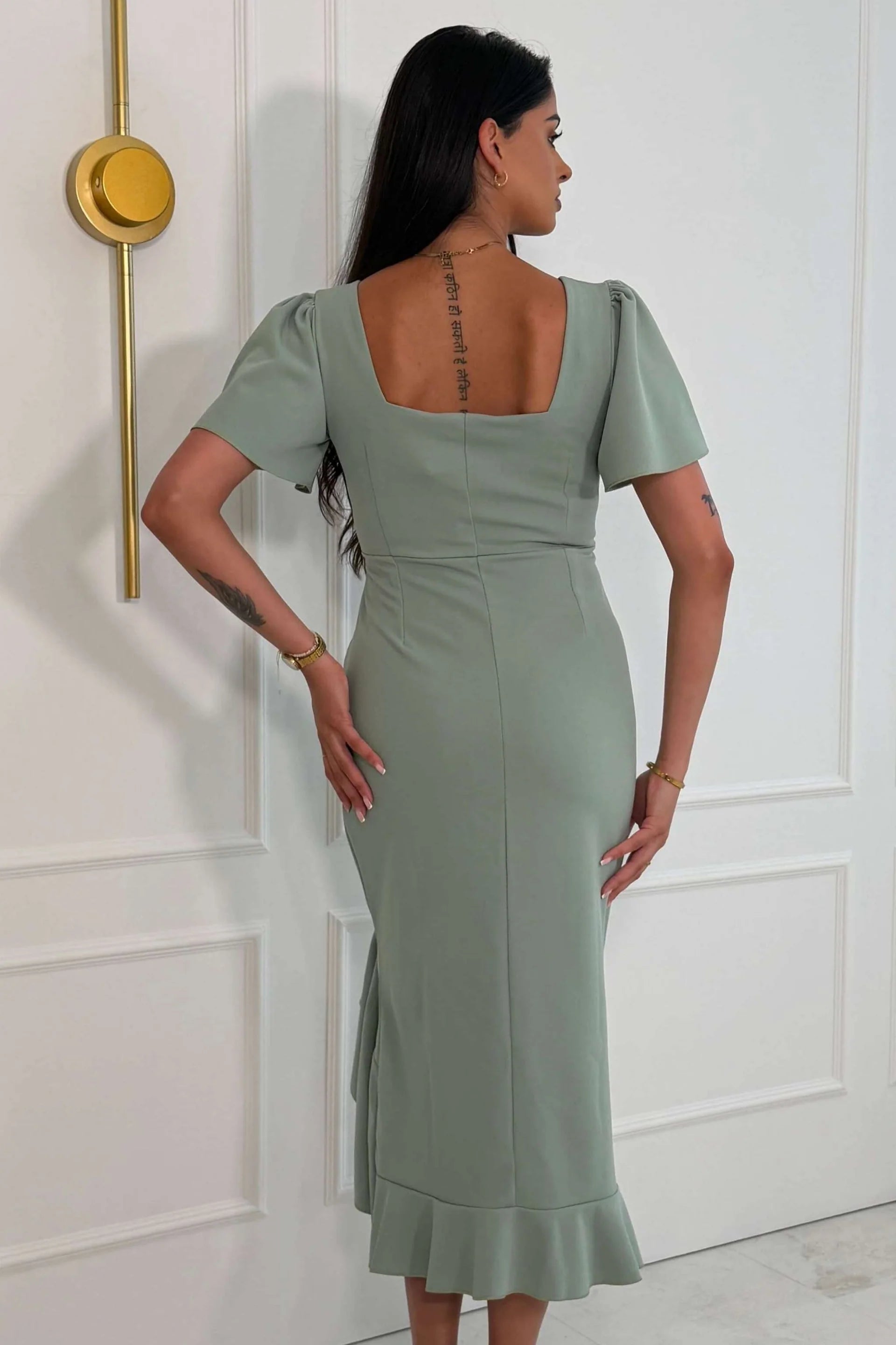 Girl In Mind Darcie sage frill midi dress back view with square back neckline
