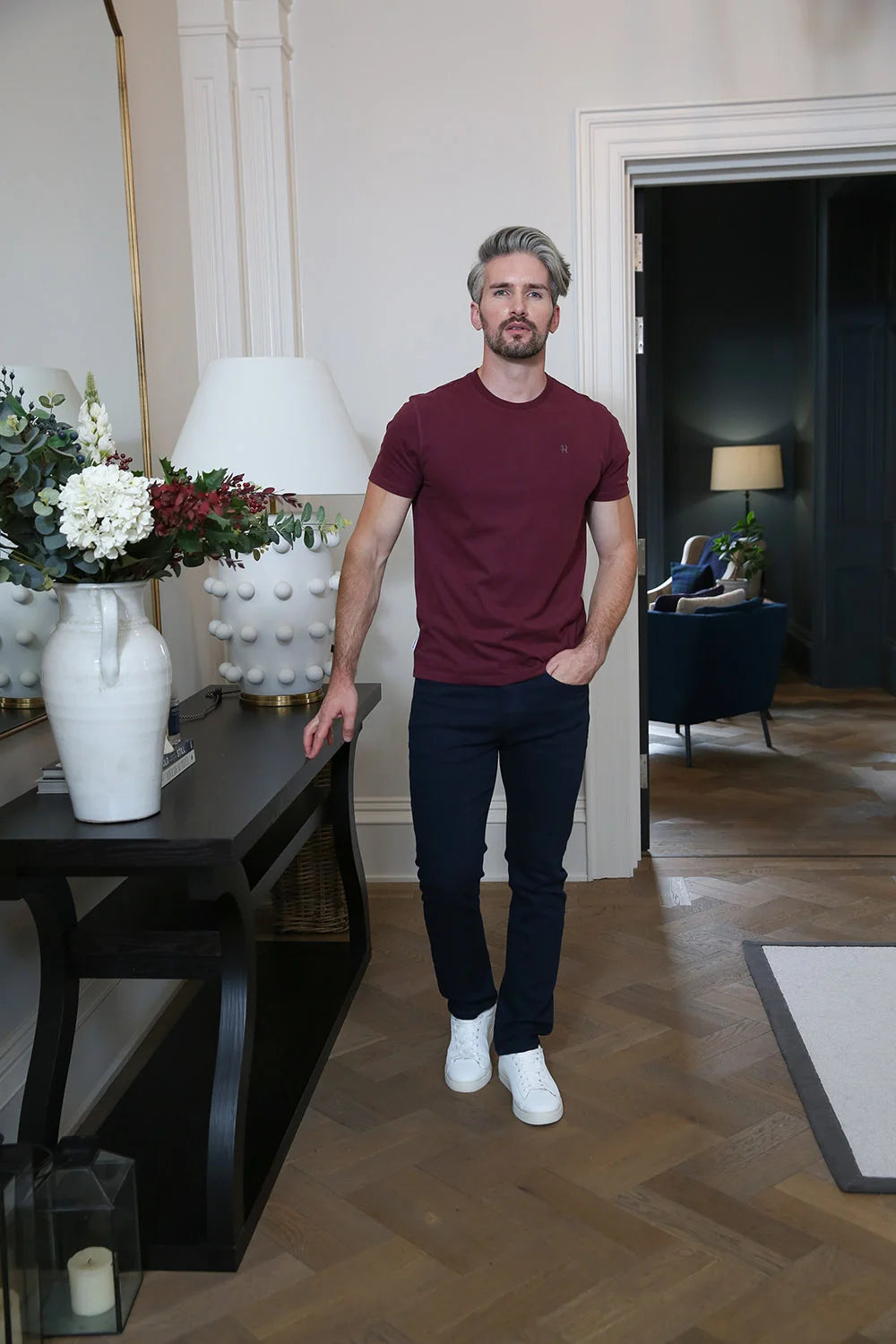 Kenrow Connor Tee in maroon, angled model view with one hand in pocket