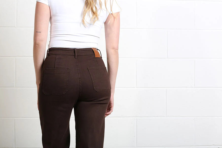 Rant & Rave Harriet Pintuck Wide Leg Jean in chocolate, back detail view of pockets and waistband