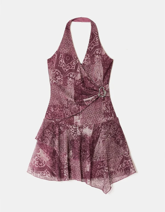 Tally Weijl printed mini dress in multi, front view with halterneck, wrap front and ruffled hem