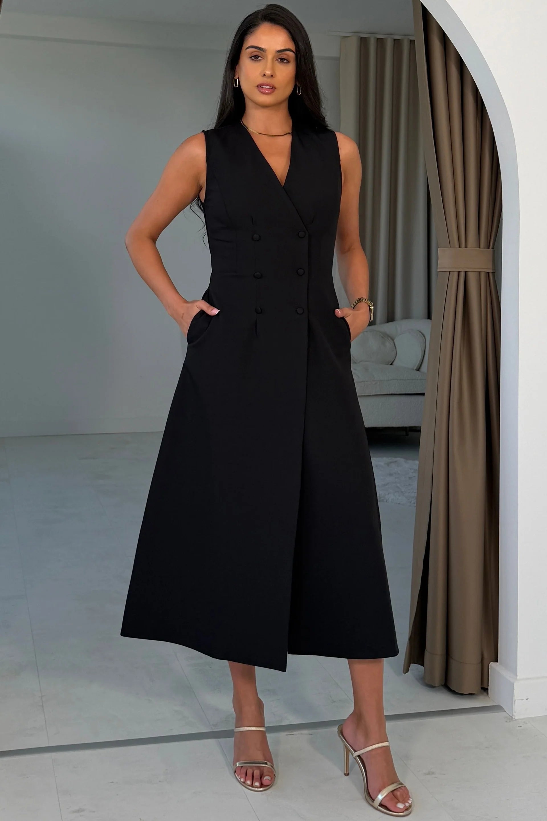 Girl In Mind Hazel tailored sleeveless midi dress in black, front model view