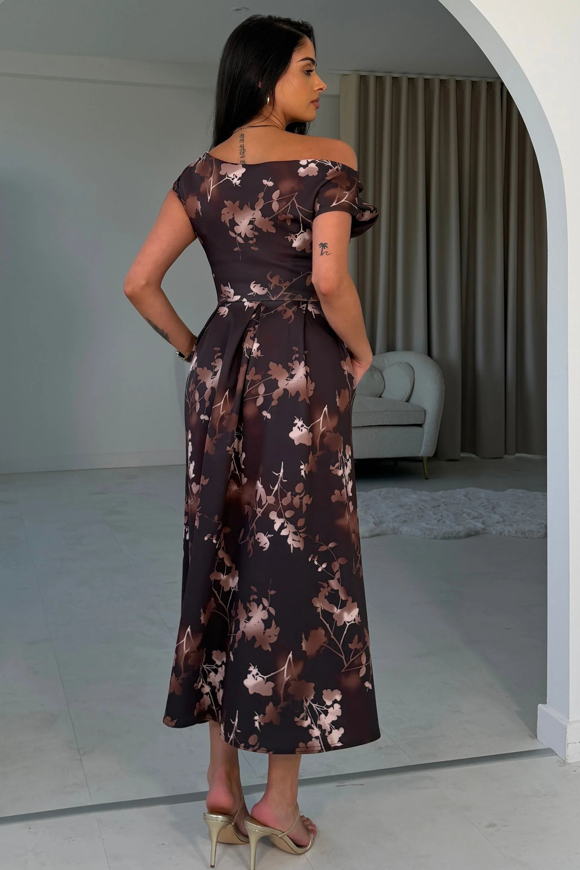 Girl In Mind Betty brown floral asymmetric neckline skater midi dress, back model view