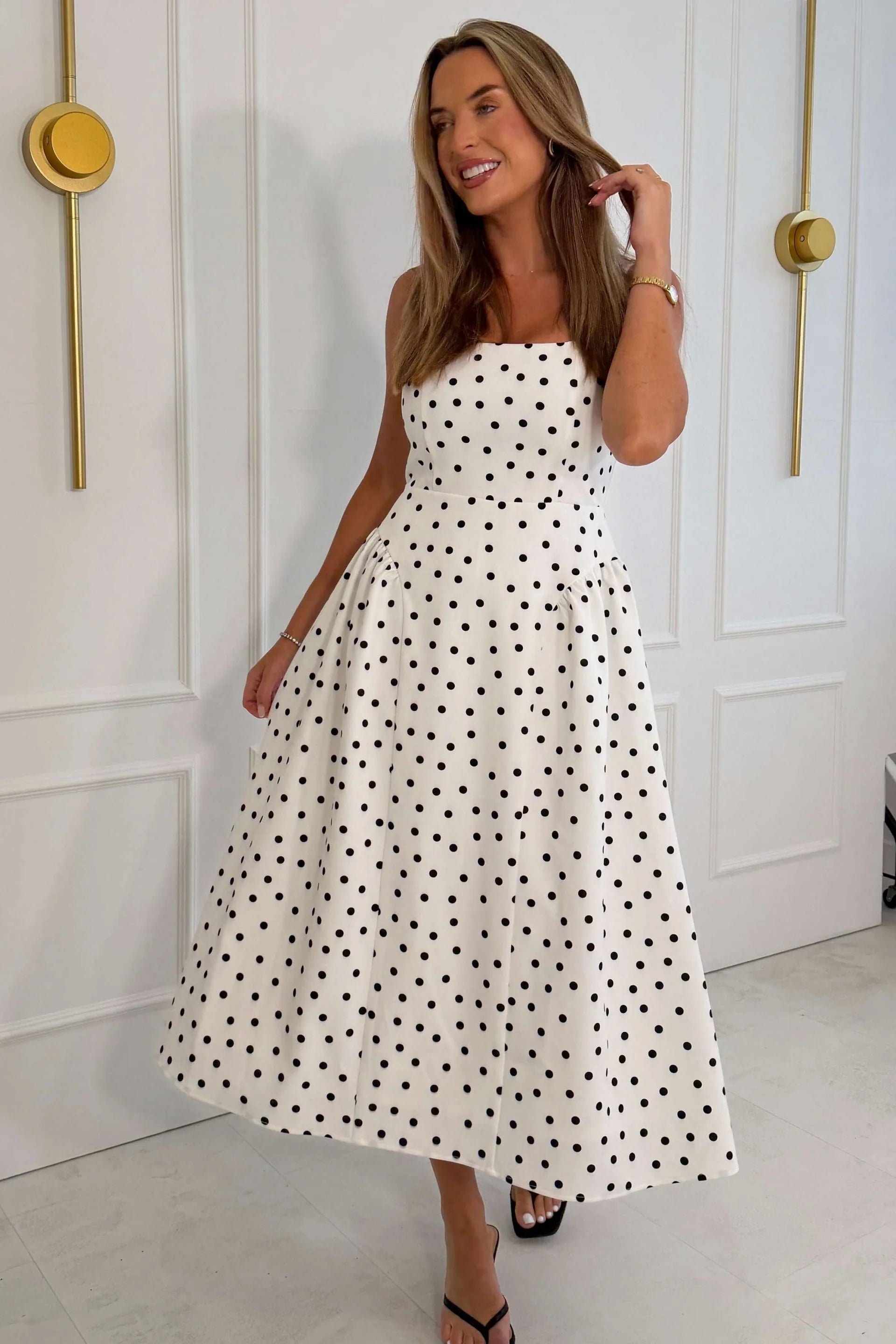Girl In Mind Sharne polka square neck midi dress in polka, side angled model view