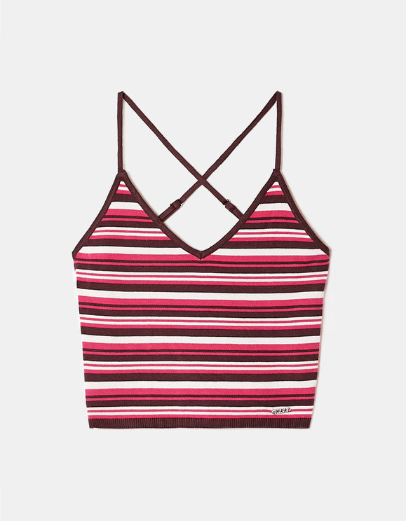 Tally Weijl Pink Striped Knit Crop Top, front flat lay view