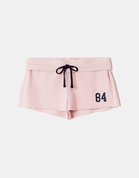 Tally Weijl pink printed shorts front view with contrast drawstring and 84 print