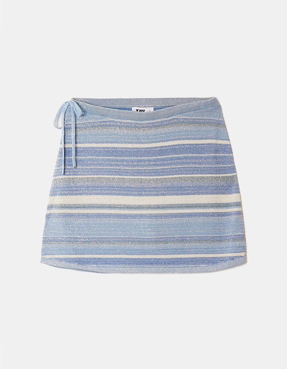 Tally Weijl blue and white striped mini skirt with side tie, front view