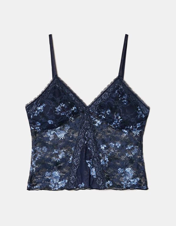 Tally Weijl blue lace cropped top, front view