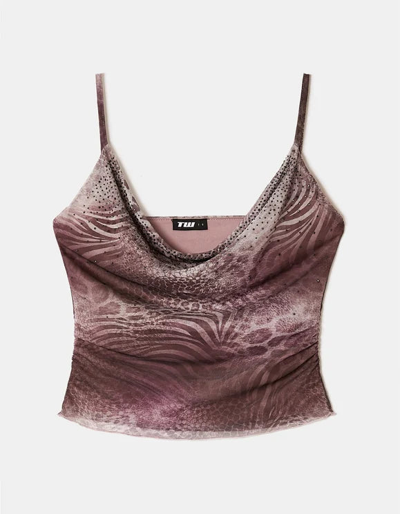 Tally Weijl multi animal print top, front view with cowl neckline and thin straps