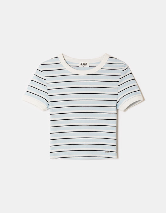 Tally Weijl blue striped basic T shirt in white, blue and black, front view