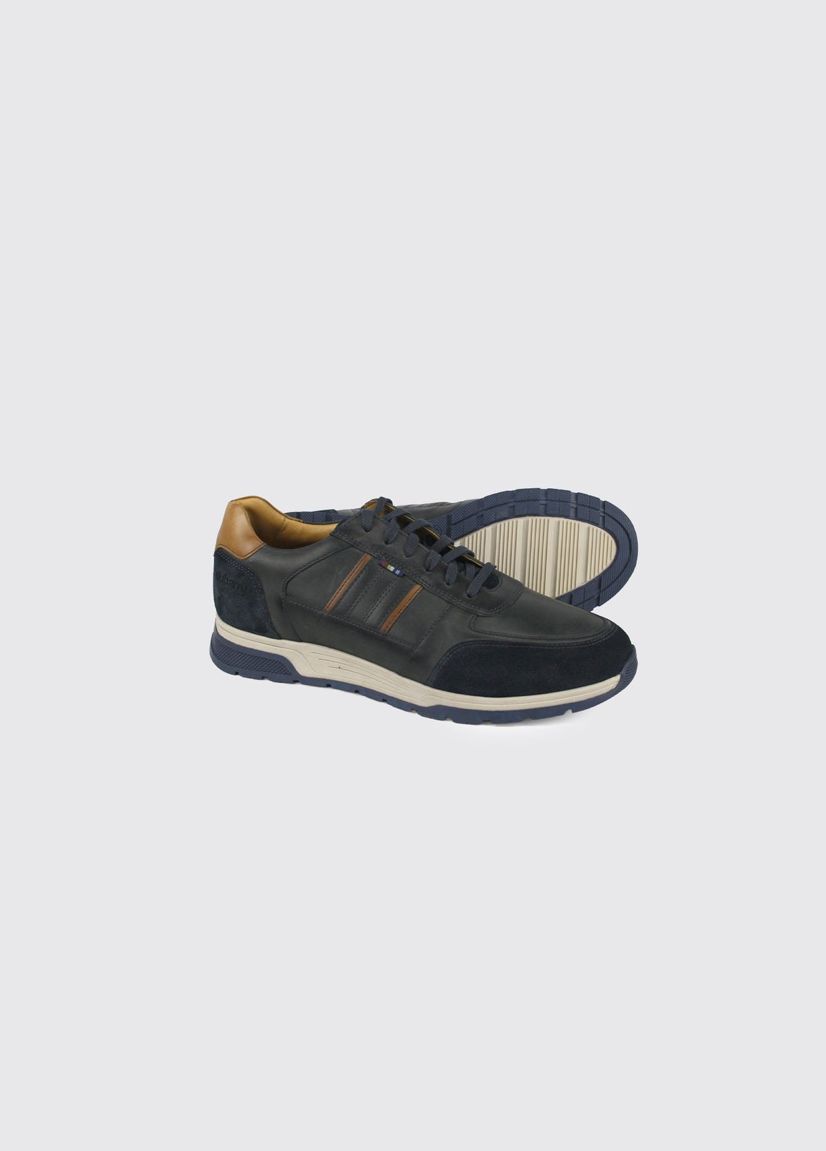 Dubarry Sarris Men's Trainer in navy, side view with one shoe showing the navy and white rubber sole.