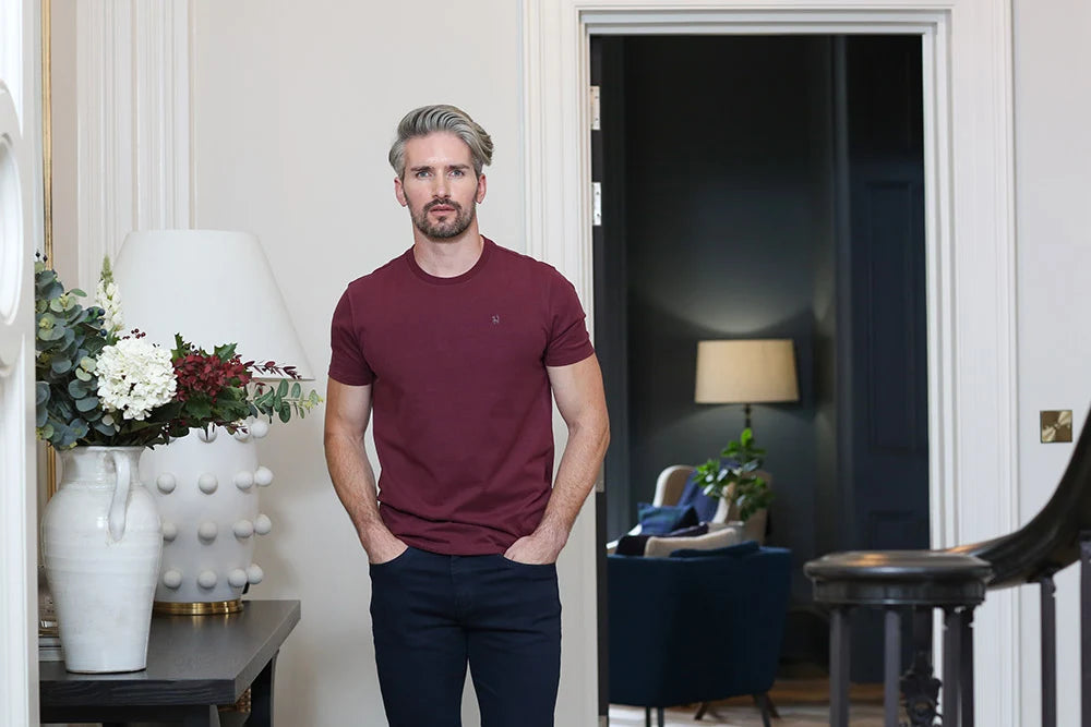 Kenrow Connor Tee in maroon, front - facing model view with both hands in pockets