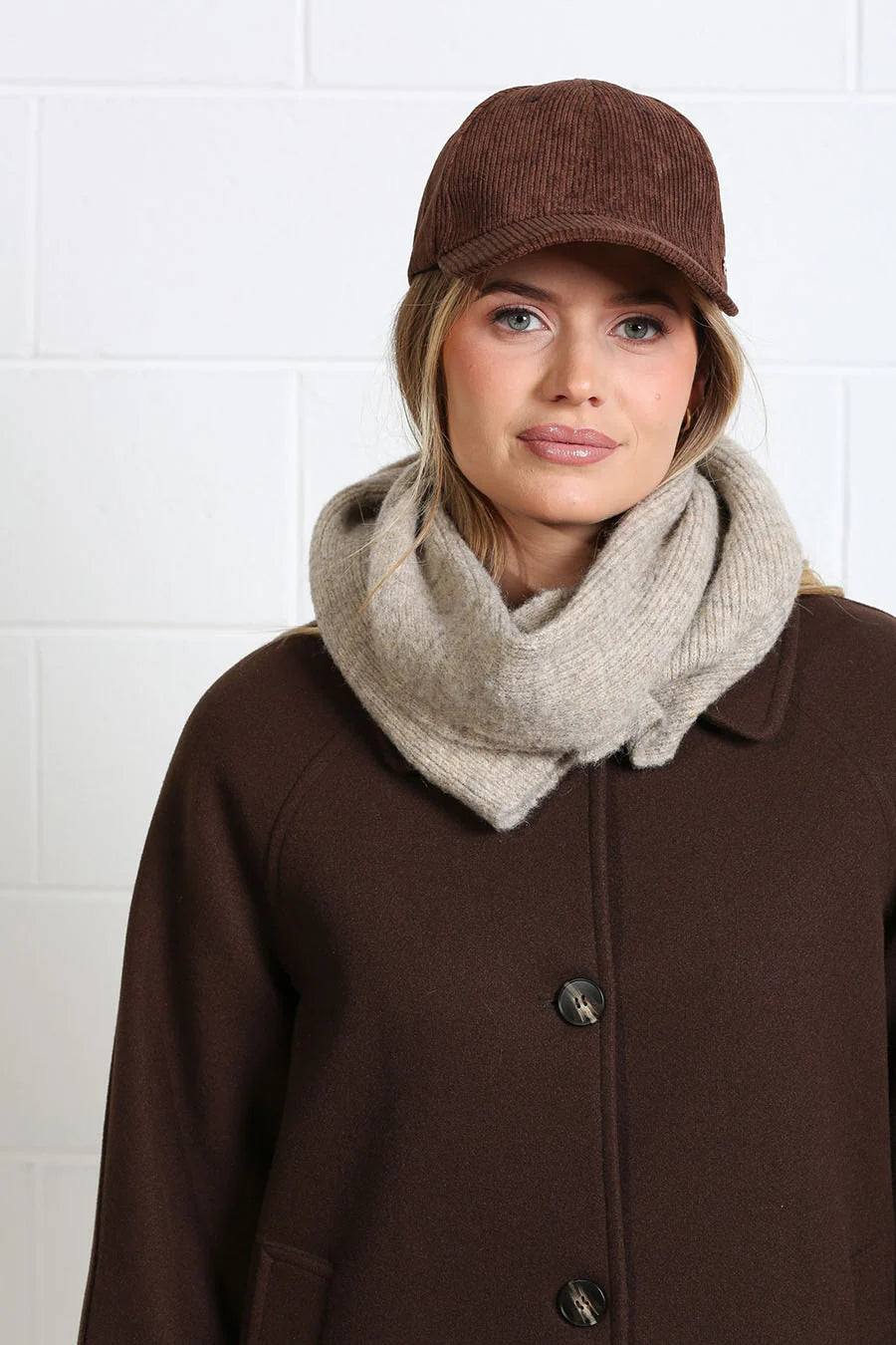 Rant & Rave Georgia Coat in chocolate brown worn by model with scarf, close - up front view