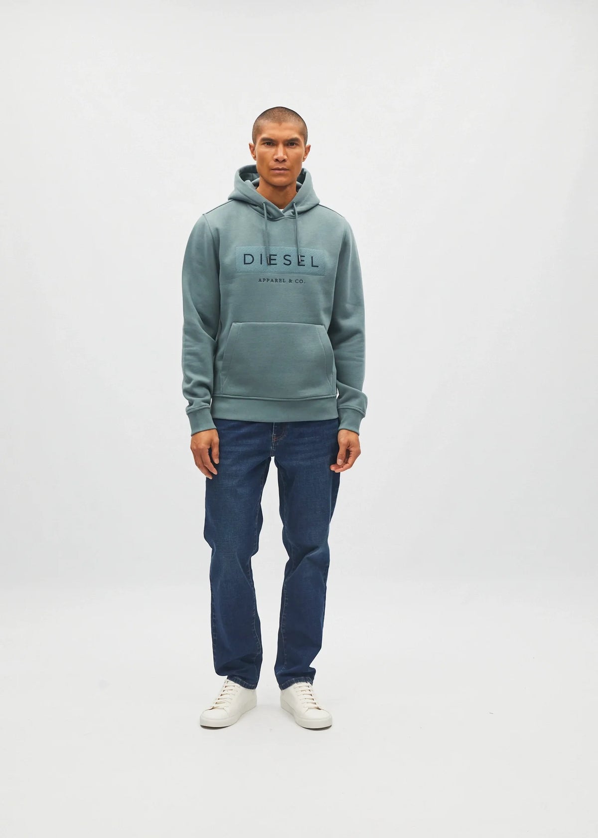 Diesel Jameson Hoodie in Green Meadow, full front view worn by a model.